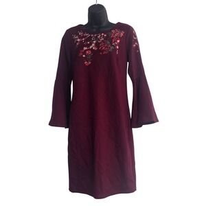 Grey & Gray Burgundy Floral Embroidered Bell Sleeve Sheath Dress Size 6